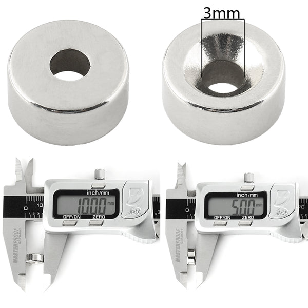 12Pcs N35 10mm dia x 5mm thick with 3mm countersunk hole Neodymium Magnets Nickel(Ni-Cu-Ni) - 2.263kg pull - OMO Magnetics